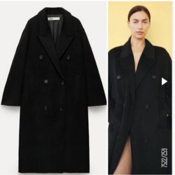 ZARA Double Faced Black Wool Blend Double Breasted Long Oversized Coat - Picture 1 of 13